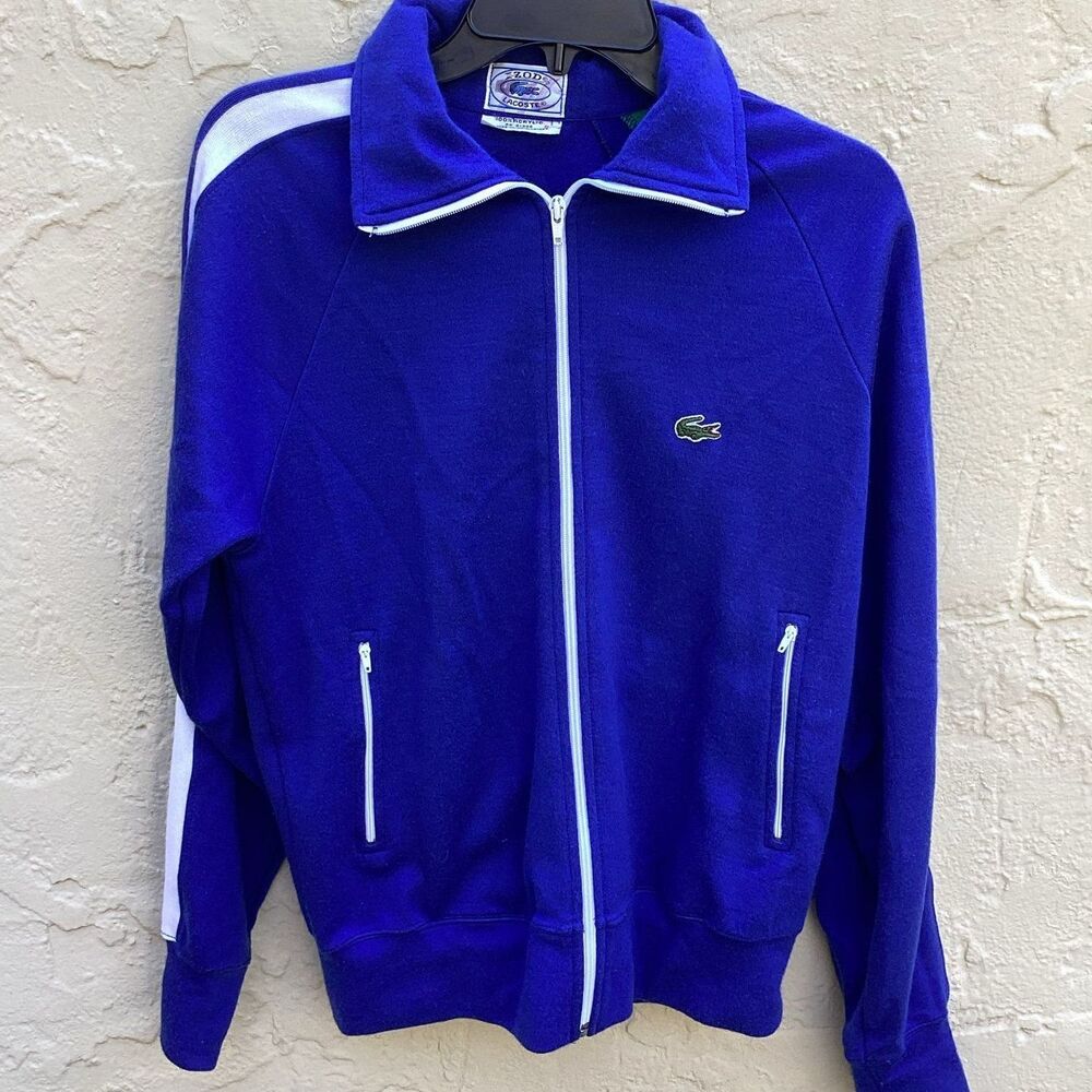 Vintage 70s 80s Izod Lacoste Zip Track Jacket Royal Blue White Stripe Size sz S